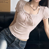 Pure Romantic Style Pleated Lace Button Splicing U-Collar Bubble Sleeve T-Shirt Pure Color Slimming Casual Shirt Trend-Outfit