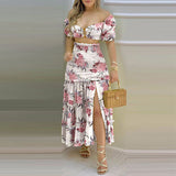 Fongt 2024 New Women's One-Line Shoulder Print Split Skirt Two-Piece Set