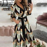 Fongt New Fall 2024 Fashion Print Long Sleeve V Neck / Hip Commuter Dress