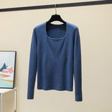 Autumn Long Sleeve Knitted Sweater Pullovers Girls Square Collar Tops Jumpers Women Base Jumper Slim Knitwear-Outfit