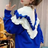 Solid Color Ruffles Spliced Sweaters Women's Clothing Korean Long Sleeve Autumn Winter Elegant V-Neck Knitted Jumpers-Outfit