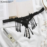 Embroidery Tassel Transparent G-String Temptation Pearl Massuge Women Underwear Thong Crotch Open Lingerie Briefs