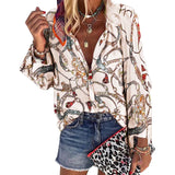 New Design Plus Size Women Blouse V-neck Long Sleeve Chains Print Loose casual Shirts Womens Tops And