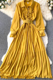 Women Chiffon Dress Elegant Long Sleeve Lapel Ruffles Party Dresses Ladies High Waist Pleated Solid Long