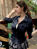 Fongt Style Personality Hottie Work Clothes Imitation Denim Shirt V-Word Collar Three Buckle Cardigan Casual Top