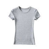 Summer New Women's Elastic Thread Solid Color T-Shirt Basic Short-Sleeved Large Round Neck Long Blouse-Outfit