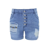 Summer Female Slim Single Row Many Button Worn Roll Edge Denim Shorts-Outfit