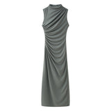 New Wrinkle Decorated Slim Long Midi Dress 3152200-Outfit