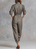 Fongt Women's Long Sleeve Shirt Collar Pocket Jumpsuits Trousers