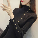 Elegant Turtleneck Women Knitted Pullover Sweater Fashion Autumn Long Sleeve Jumper Button Korean Pink Winter