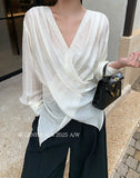 Fongt Xixi 2025 Autumn White Label New Temperament Simple V Collar Kinesi Shirt Female Long Sleeve Top Shirt 89555