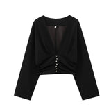Fongt Decorative Short Top 2025 Spring Women's Long-Sleeved V-Neck Buckle Short Shirt