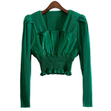 White Elegant Fold Pleated Slim Shirts Female Square Collar Long Sleeve Korean Fashion Blouses 2022 Spring