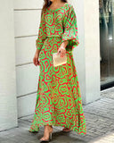Fongt Women's Summer New Loose Print Long-Sleeved Top High Waist Half-Body Large-Size Dress Set