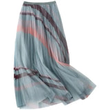 Fashion Patchwork Striped Print Pleated Skirt Elegant Office Lady Commute All-match Elastic High Waist Tulle Midi Skirts-Outfit