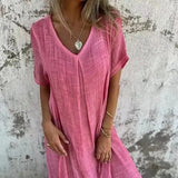 Fongt New Leisure Spring And Summer Loose Skirt Short-Sleeved V-Neck Solid Cotton Dress