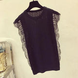 Summer Korean Women Mesh Shirt Sleeveless O-Neck Lace Knitted Patchwork Tops Chic Solid Hollow Out Clothes Blusas 8795