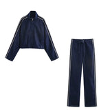 Fongt Women's INS Explosion Fashion Casual Splicing Striped With Denim Jacket + Trousers Set