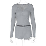 Fongt Women's Sexy Low Cut V-Neck Tight Long Sleeve Top Fashion Sporty Short Shorts Two-Piece
