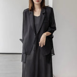 Korean Fashion Sheer Coat For Women Notched Collar Long Sleeve Solid Minimalist Lace Up Blazers Female Clothes
