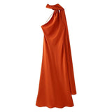 Fongt New Women's Fashion Simple Ribbon Hanging Neck-Laught Long Dress
