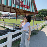 Fongt T-Shirt Female 2024 Summer New Deep V Collar Outside Wear Low Chest Korean Version Slim Crop Short Style Student Top