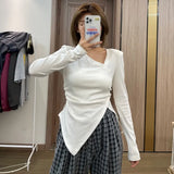 Slim Tees Women Long Sleeve T-shirts Asymmetrical Collar Design Tops Korean Style Solid Skinny Chic Teens Clothes-Outfit