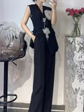 Fongt Sets Of 2025 Autumn And Winter New Sleeveless Nail Drill Flower Top High Waist Broad Leg Trousers Set Woman