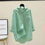 Fongt Spring And Autumn New Han Fan Literature And Arts Front Short And Rear Long Shirt Women Long Striped Shirt Casual Coat