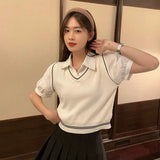 Fongt New Fake Two Short Knitted Girl Summer Design Sense Match-Comporous Body Poly Collar Short-Sleeved