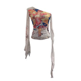 Design-Sensitive One-Shoulder Horn Long-Sleeved Mesh Yarn-Print T-Shirt With Short Tight Top