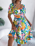 Spring And Summer Leisure Flowers Lead Short Sleeves To Close The Waist Lotus Leaf Side A Dress Women's