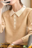 Lady Polo-Neck Long Sleeve Button Knitted Pullovers for Women 2023 New Bottoming Shirt Women's Clothing Korean Top