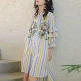 Summer Floral Embroidery Dresses Contrasting Colors Striped Female Single-breasted Ruffles Spliced Straight Midi Dress-Outfit
