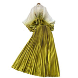 Fongt Suit Female Strap To Waist Gradient Color Pressure Folding Shirt High Waist 100 Folded Skirt Two Sets