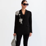 Fongt Sense French Retro Coat 2024 Autumn New Lapel Long Sleeve Rhinestone Stitching Flower Design Suit Woman-Outfit