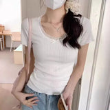 Aesthetic Lace Trim Short Sleeve Bow Tee-Outfit