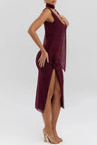 Burgundy Sleeveless Mesh Slit Drape Midi Dress-Outfit