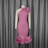 Fongt Half-High Collar Lotus Leaf-Side Dress Sided Shoulder Lotus Hem Banquet Evening Dress Dresses