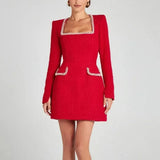 Tweed Solid Beaded Seam Mini Dress-Outfit