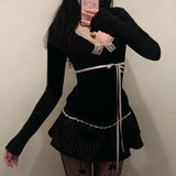 Desire Girls Feel Lace, Bow, Stitching, Slim, Sweet And Spicy V-Collar Long-Sleeved T-Shirt