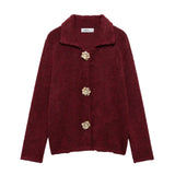 Fongt Explosive Women's Artificial Fur Belt Flower Button Knitted Cardigan