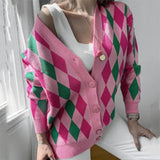 Houndstooth V-neck Knitted Cardigan Women Long Sleeve Female Sweater Coat Fashion Autumn Sweet Ladies Oversized