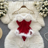 Red Velvet Fur Bodysuit Christmas Lingerie-Outfit
