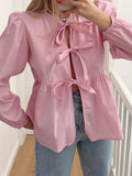 Women Shirts Long Sleeve Front Split Tie-up Loose Casual Solid Elegant Spring Fall Tops OL Solid/Striped Print Blouse-Outfit