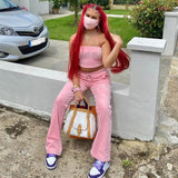 Puss Velvet Summer Women Tracksuit Rhinestone Letter Strapless Top+Straight Pants Stretch Matching Trend 2piece Set