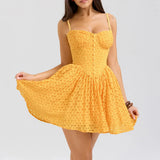 Yellow Strap Jacquard Lace Mini Dress-Outfit