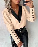 Wise Popular Autumn Fashion V-Neck Solid Color Long Sleeve Button Women's Shirt-Outfit