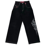 Hip-Hop Rock Embroidered Loose Jeans Y2k Street Retro Harahara Wide-Legged Straight Trousers-Outfit