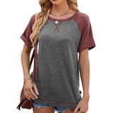/ Summer 2024 New Round Collar Short Sleeve Split Color Splicing Loose T-Shirt-Outfit